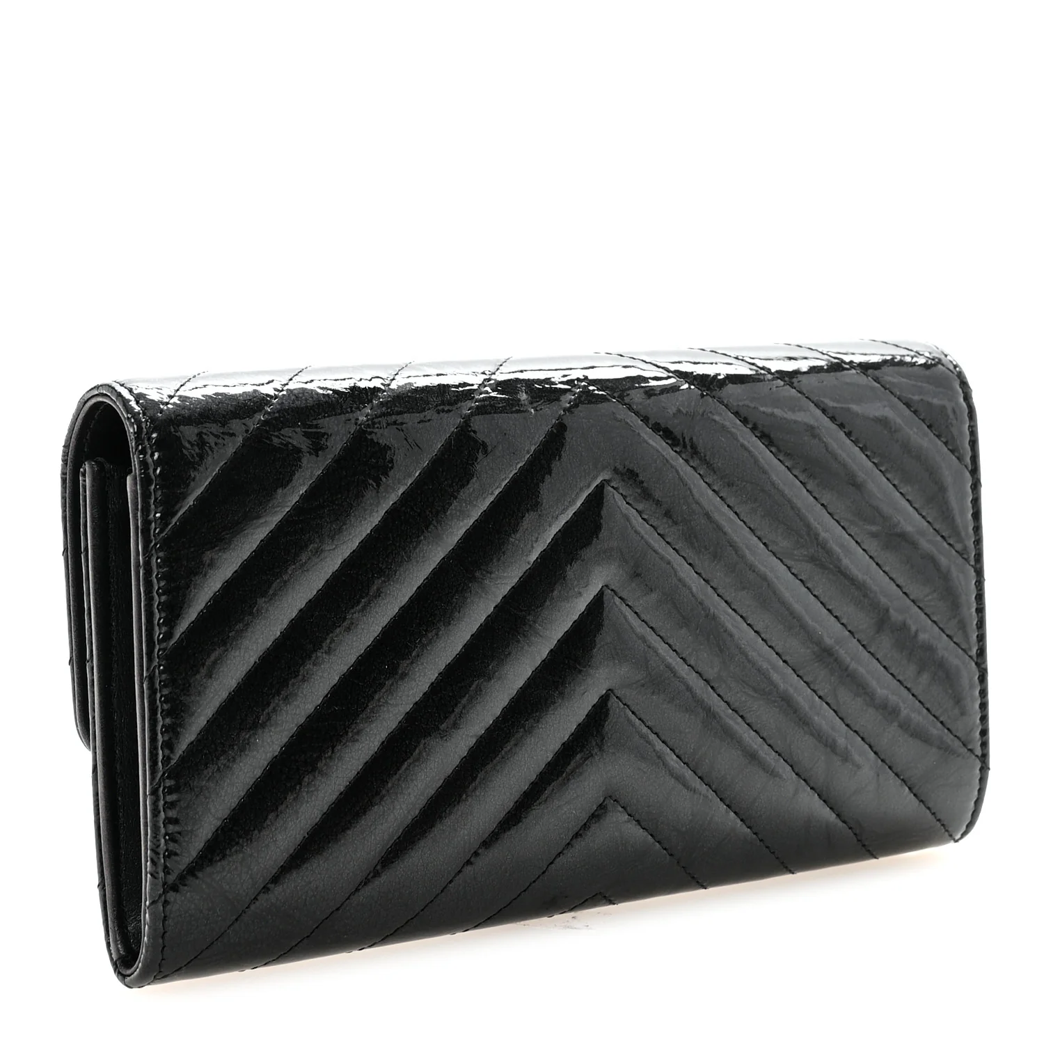 Patent Metallic Crumpled Calfskin Chevron Quilted Large Gusset Flap Wallet So Black - Image 3