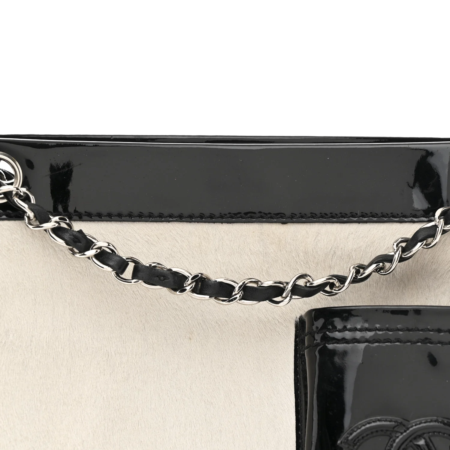 Patent Pony Hair Small Pocket Tote Black White - Image 8
