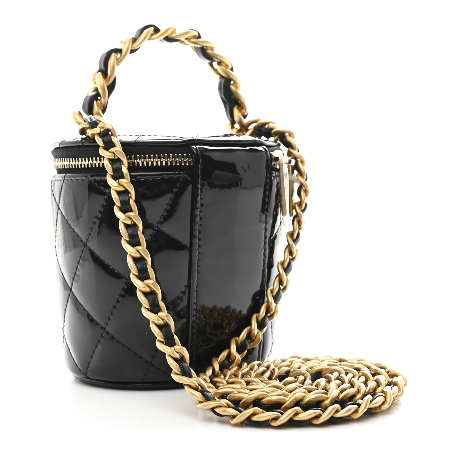 Patent Quilted Afternoon Tea Top Handle Vanity Case With Chain Black - Image 3