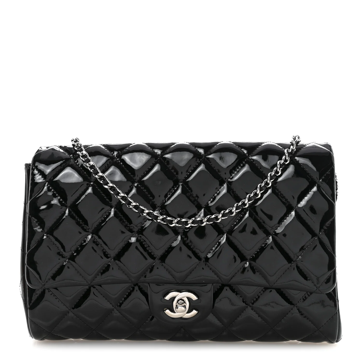 Patent Quilted Clutch with Chain Flap Black