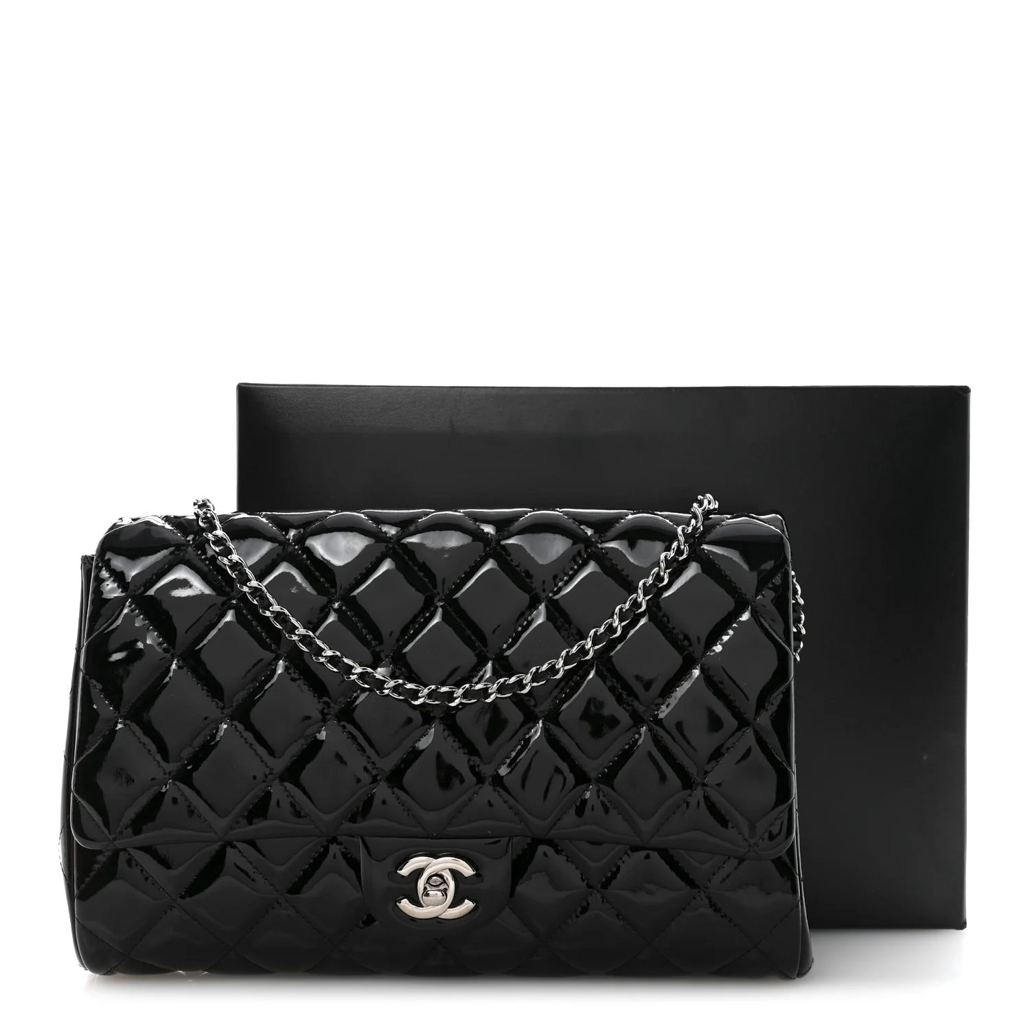 Patent Quilted Clutch with Chain Flap Black - Image 13
