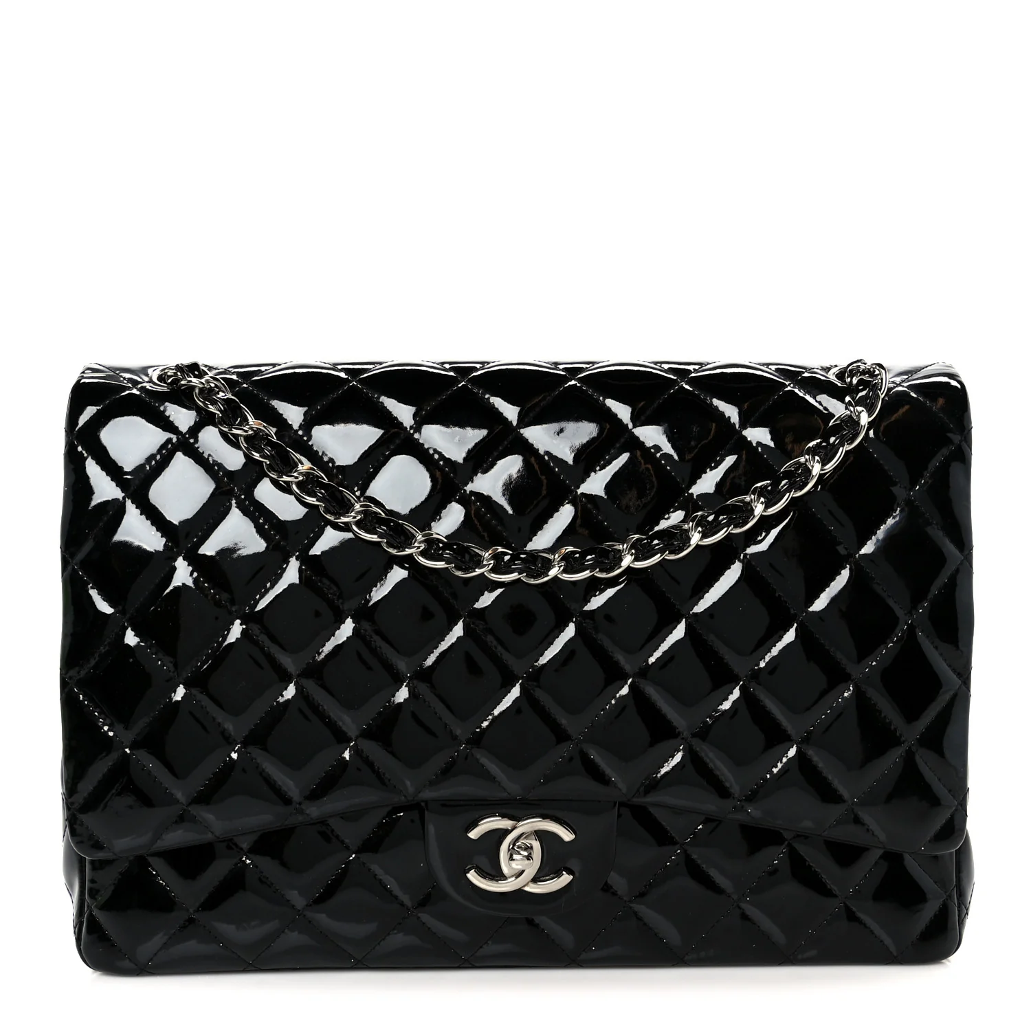 Patent Quilted Maxi Double Flap Black