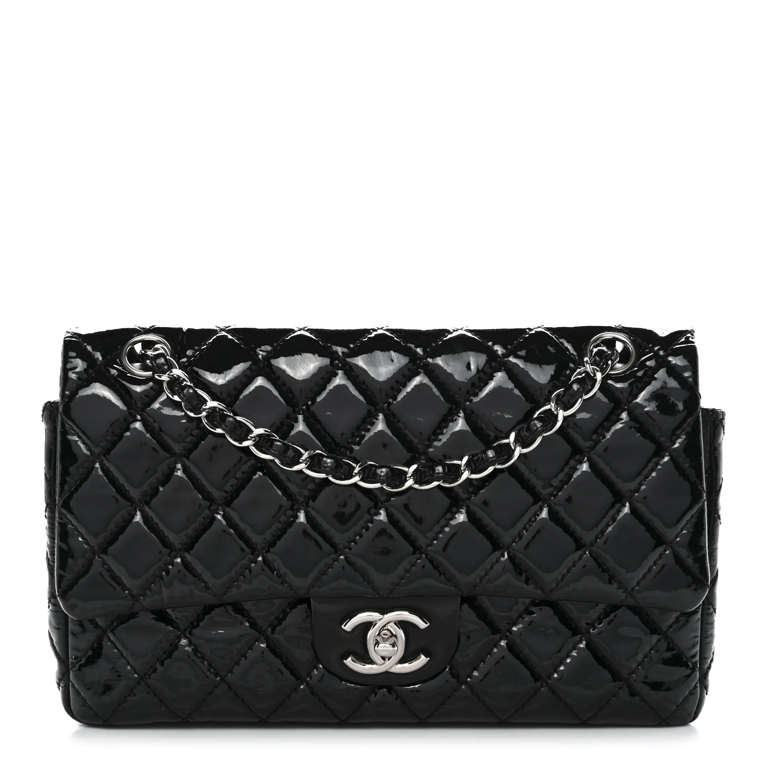 Patent Quilted Medium Double Flap Black