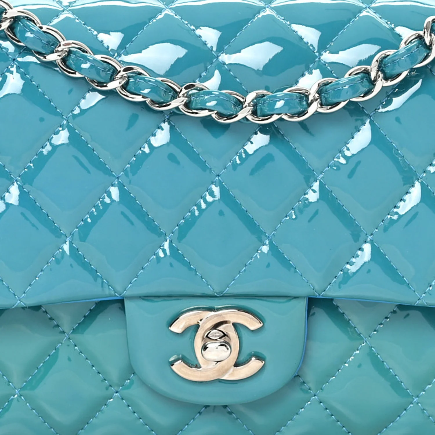 Patent Quilted Medium Double Flap Turquoise - Image 8