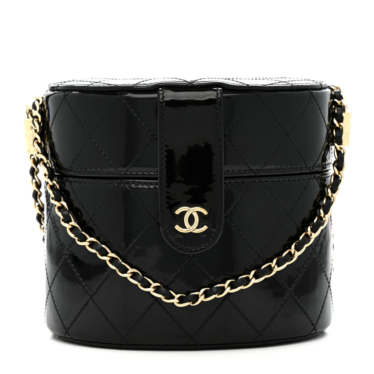 Patent Quilted Round Clutch With Chain Black