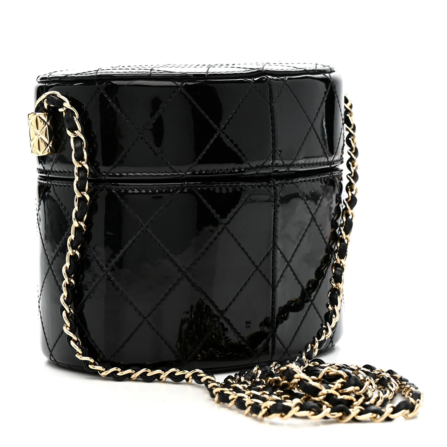 Patent Quilted Round Clutch With Chain Black - Image 3