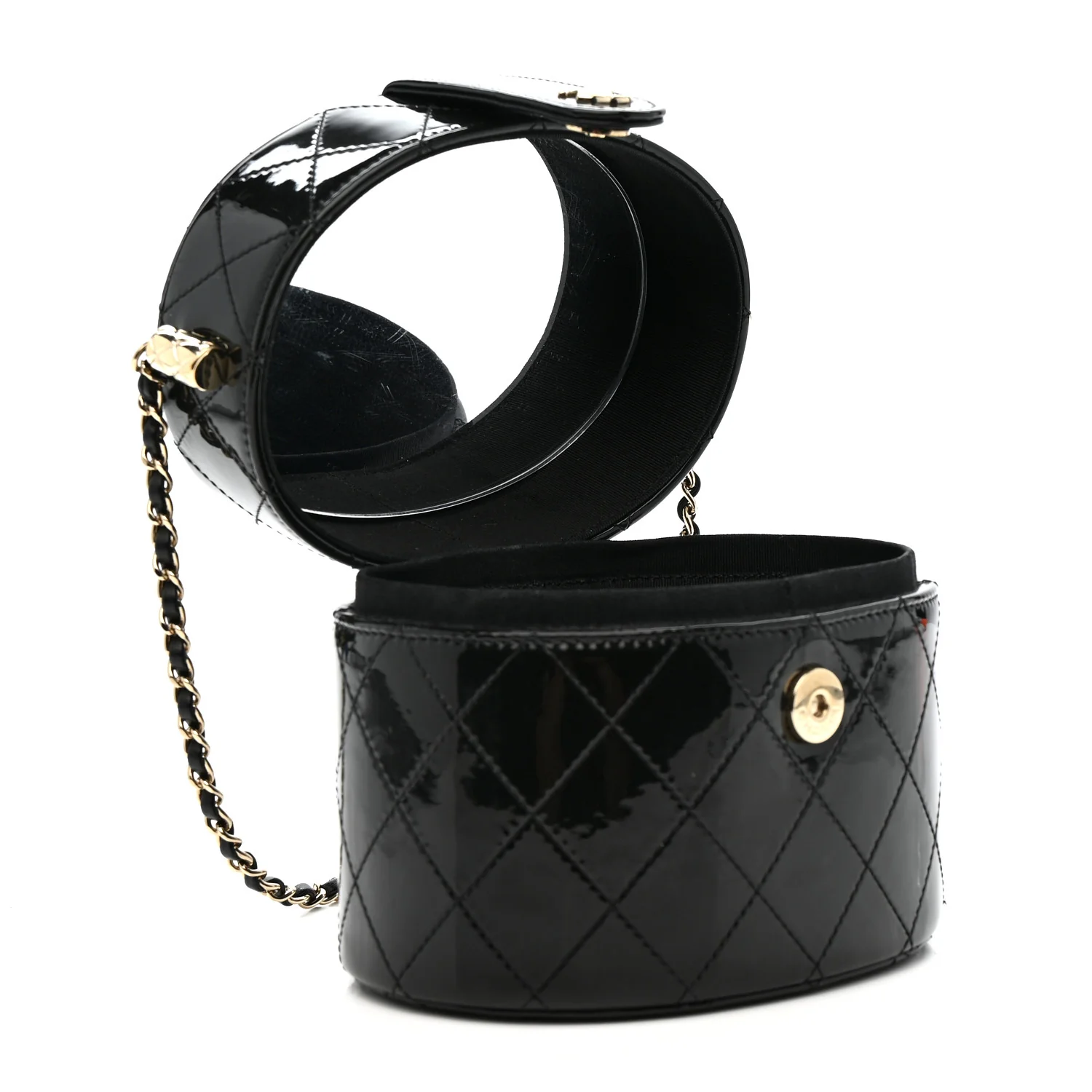 Patent Quilted Round Clutch With Chain Black - Image 6