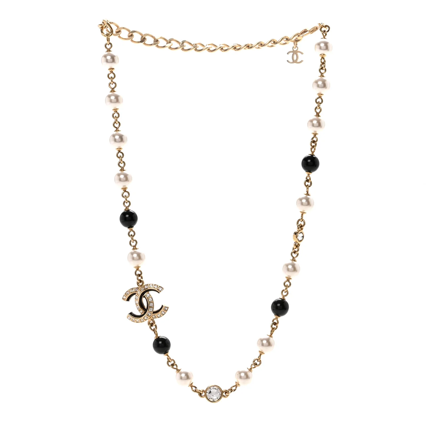 Pearl Baguette Crystal Enamel CC Short Necklace Gold Black