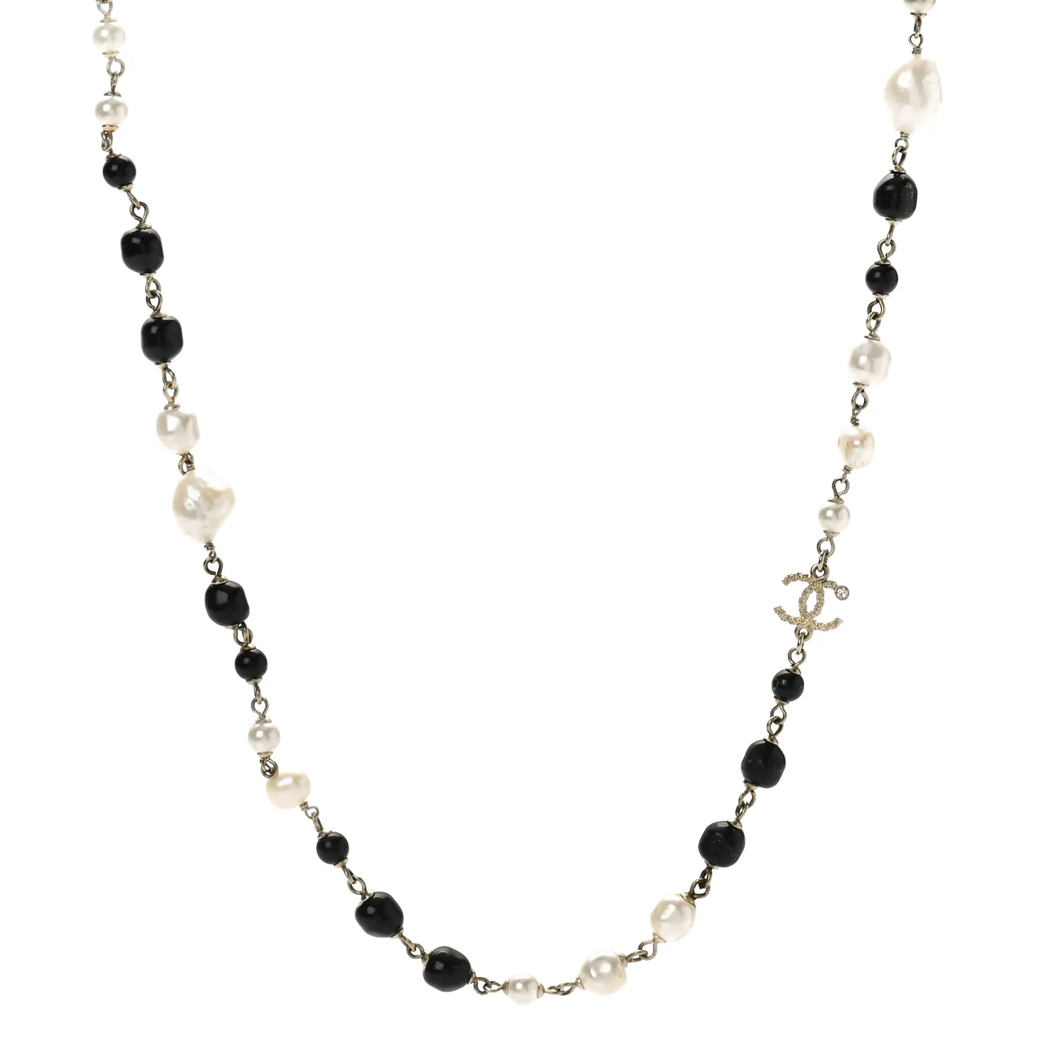 Pearl Beaded Crystal CC Long Necklace Gold Black White