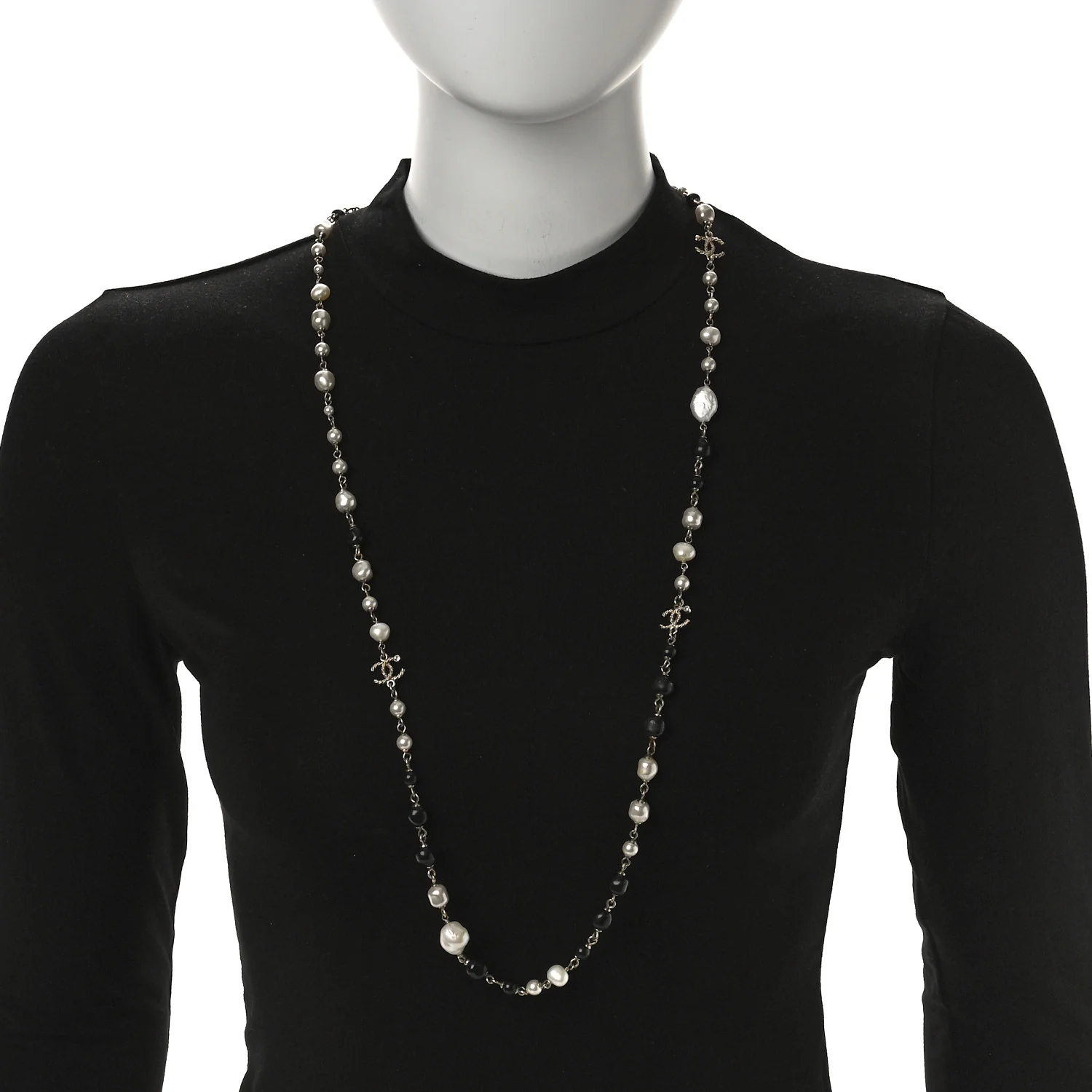 Pearl Beaded Crystal CC Long Necklace Gold Black White - Image 3