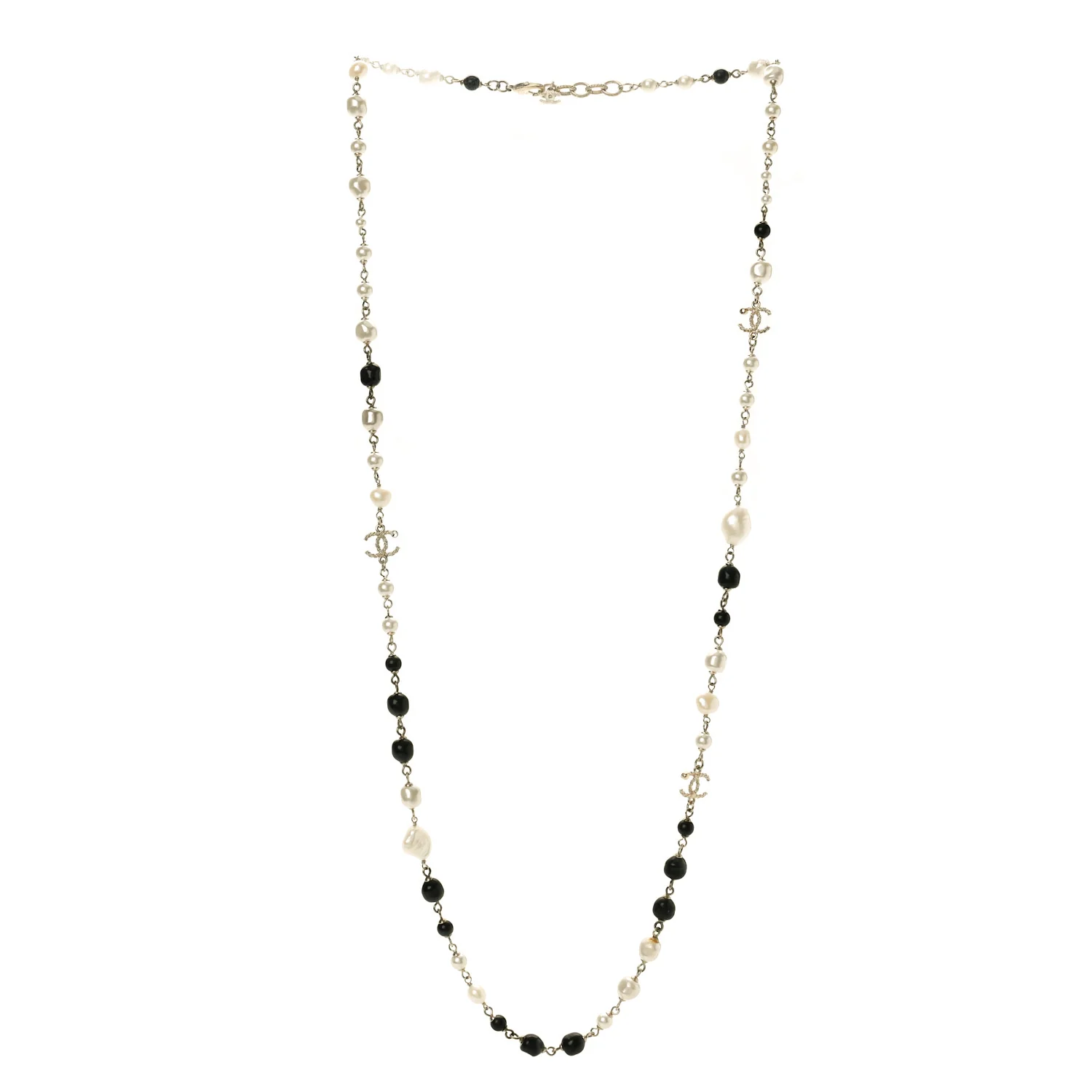 Pearl Beaded Crystal CC Long Necklace Gold Black White - Image 4