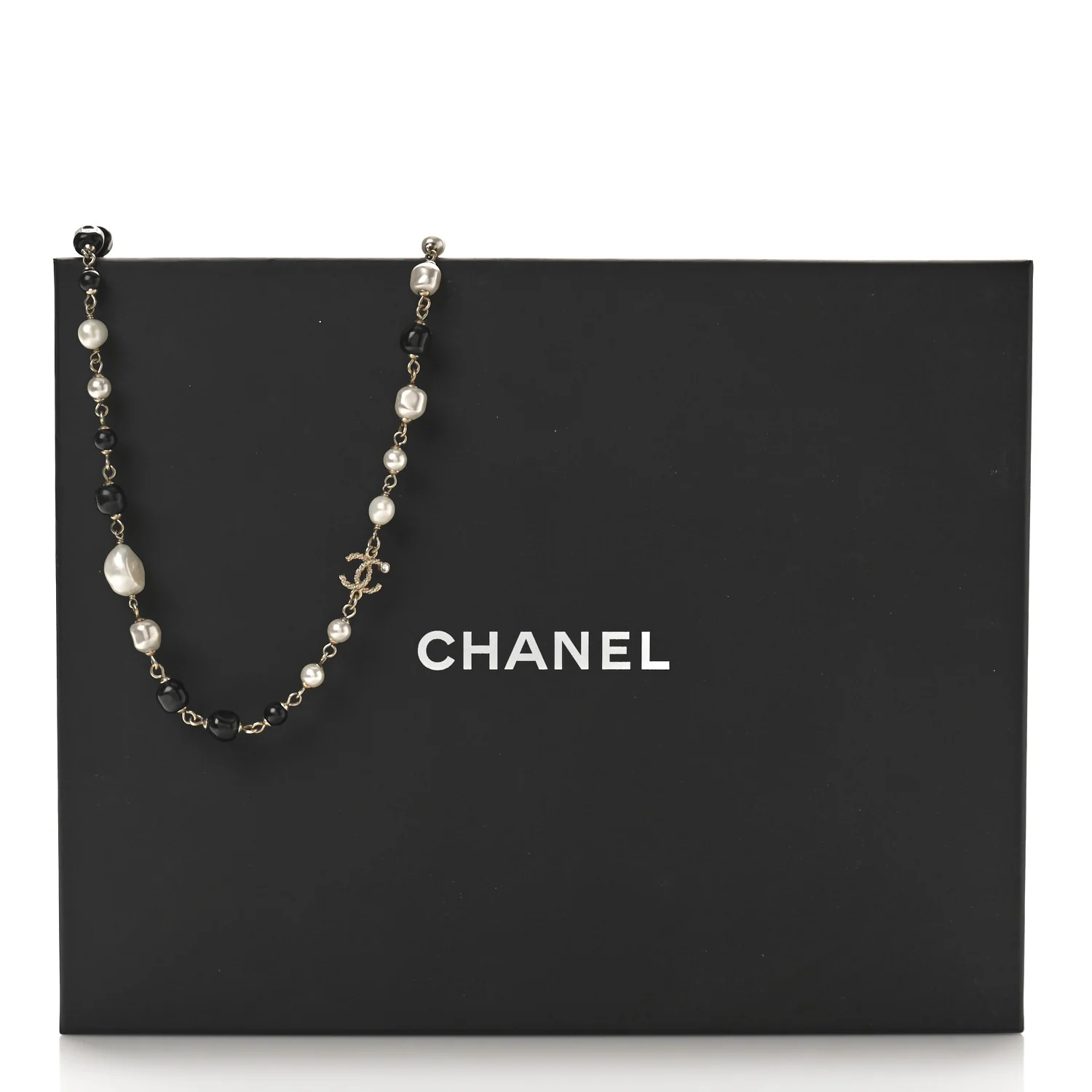 Pearl Beaded Crystal CC Long Necklace Gold Black White - Image 6