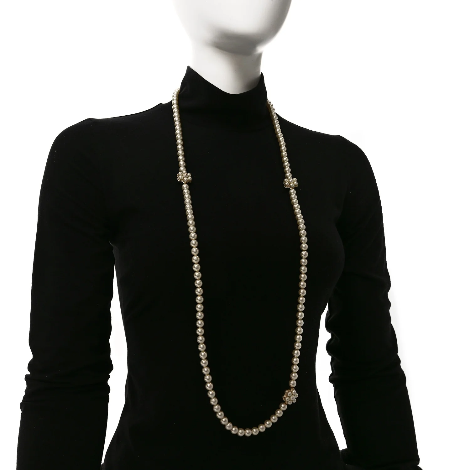 Pearl CC Camellia Long Necklace Gold - Image 2