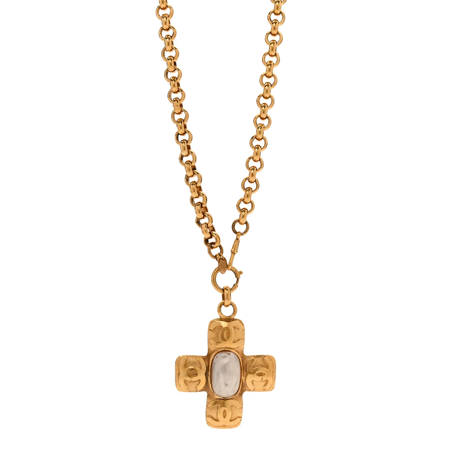 Pearl CC Cross Pendant Necklace Gold