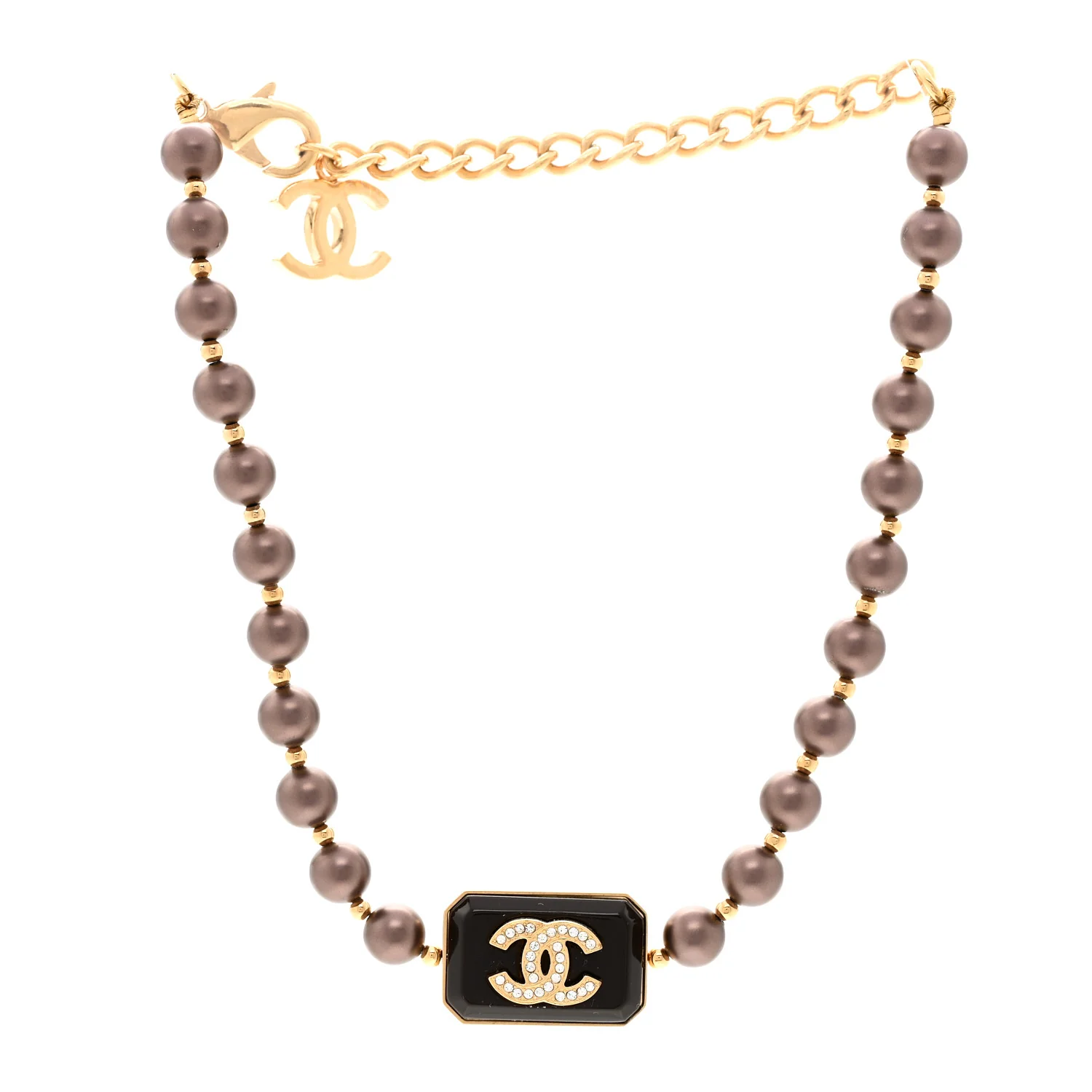 Pearl Crystal CC Choker Necklace Brown Gold - Image 3