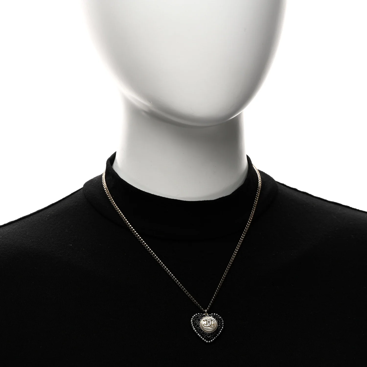 Pearl Crystal CC Heart Necklace Gold Pearly White Black - Image 2
