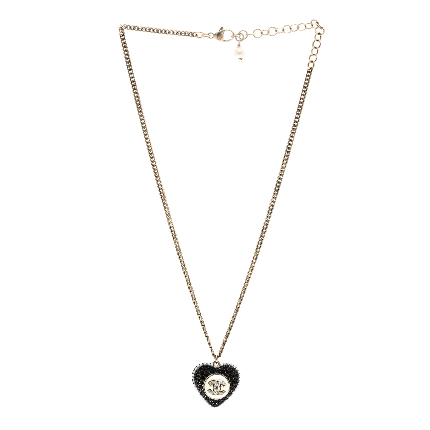 Pearl Crystal CC Heart Necklace Gold Pearly White Black - Image 3