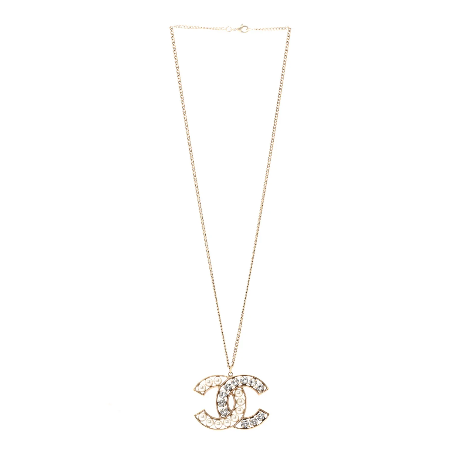 Pearl Crystal CC Pendant Necklace Gold - Image 3