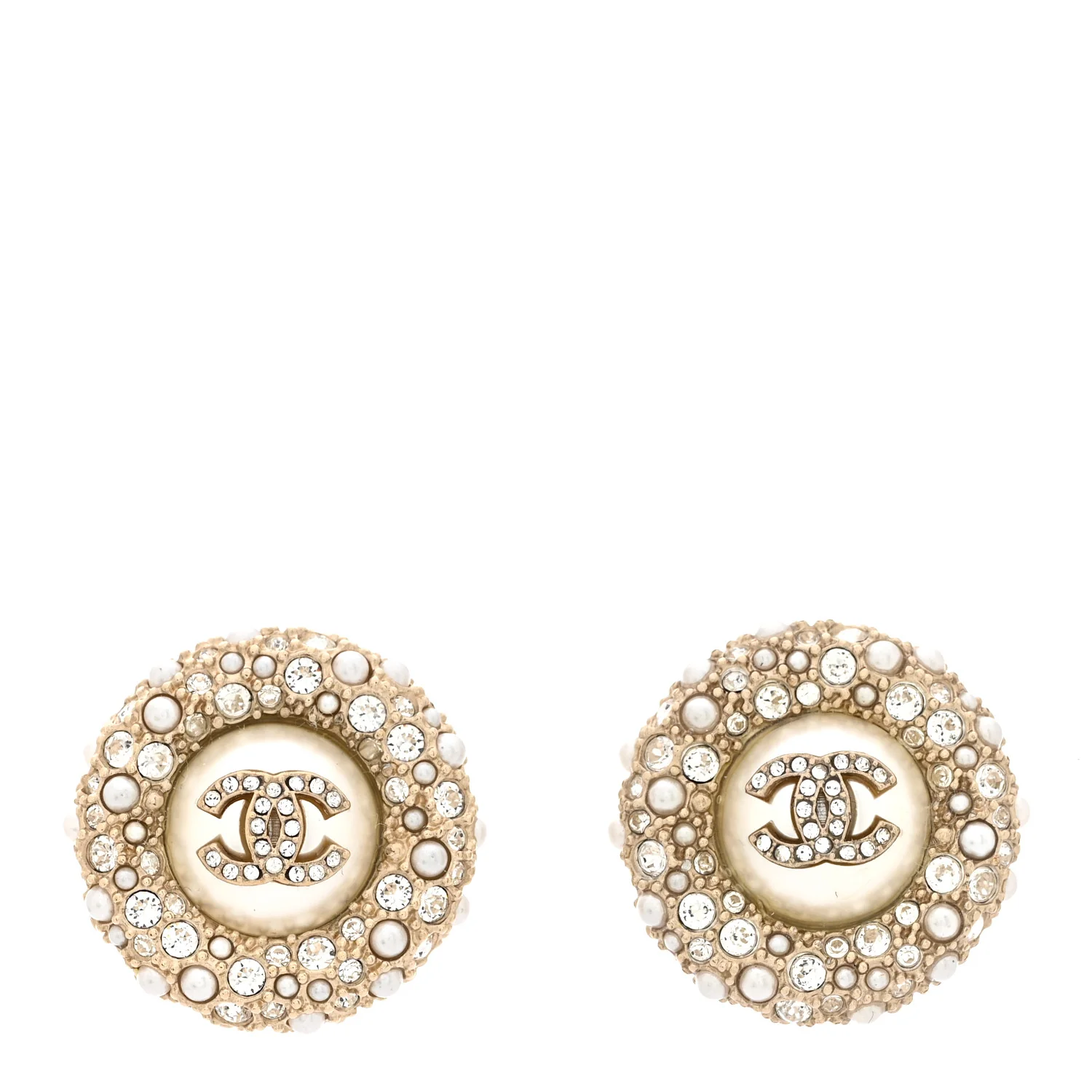 Pearl Crystal CC Round Earrings Light Gold