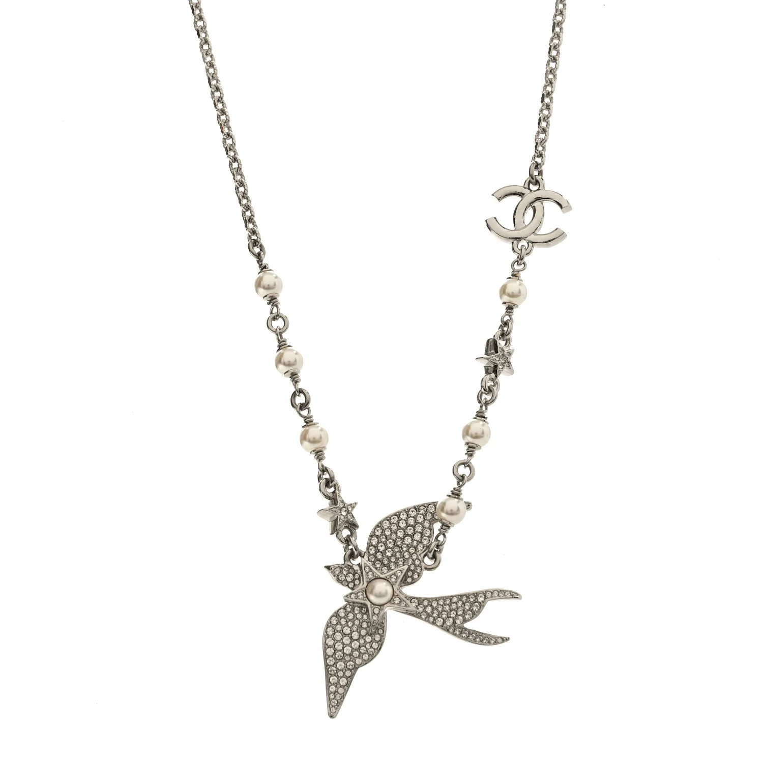 Pearl Crystal CC Star Bird Necklace Silver Pearly White