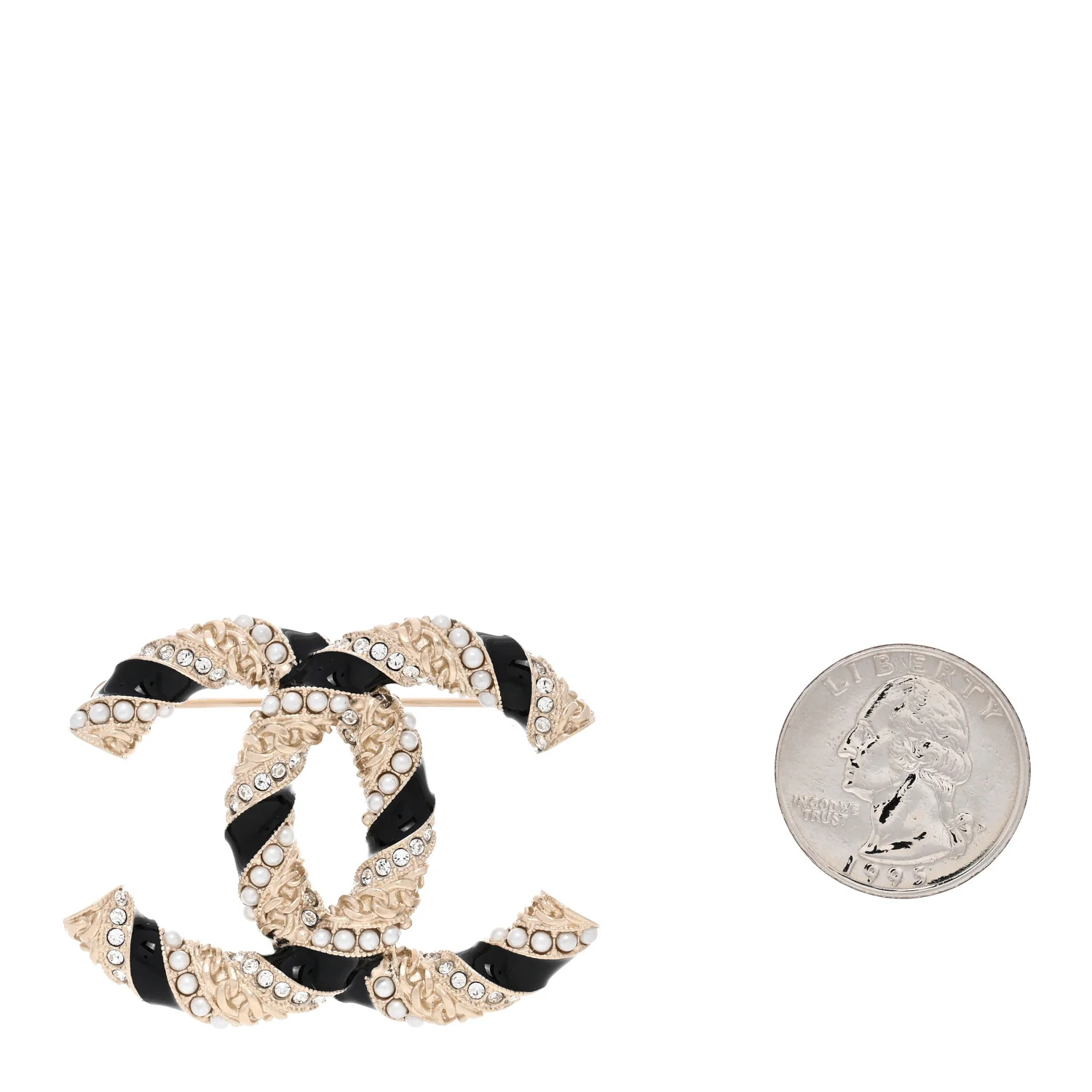 Pearl Crystal Enamel CC Brooch Black Gold - Image 2