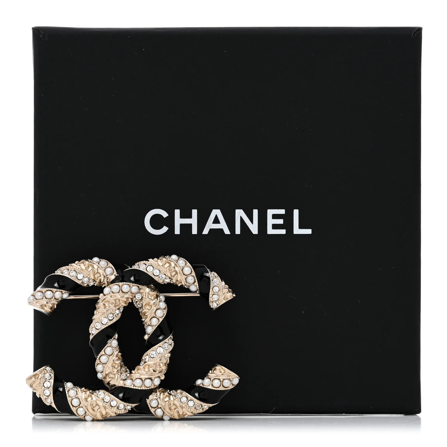 Pearl Crystal Enamel CC Brooch Black Gold - Image 5