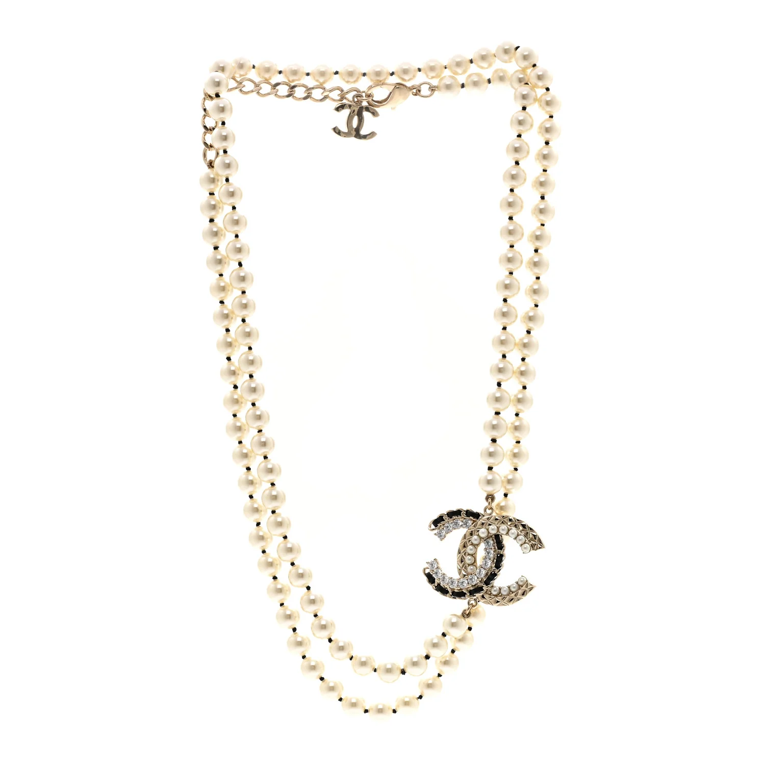 Pearl Crystal Lambskin CC Long Necklace Gold Black - Image 3