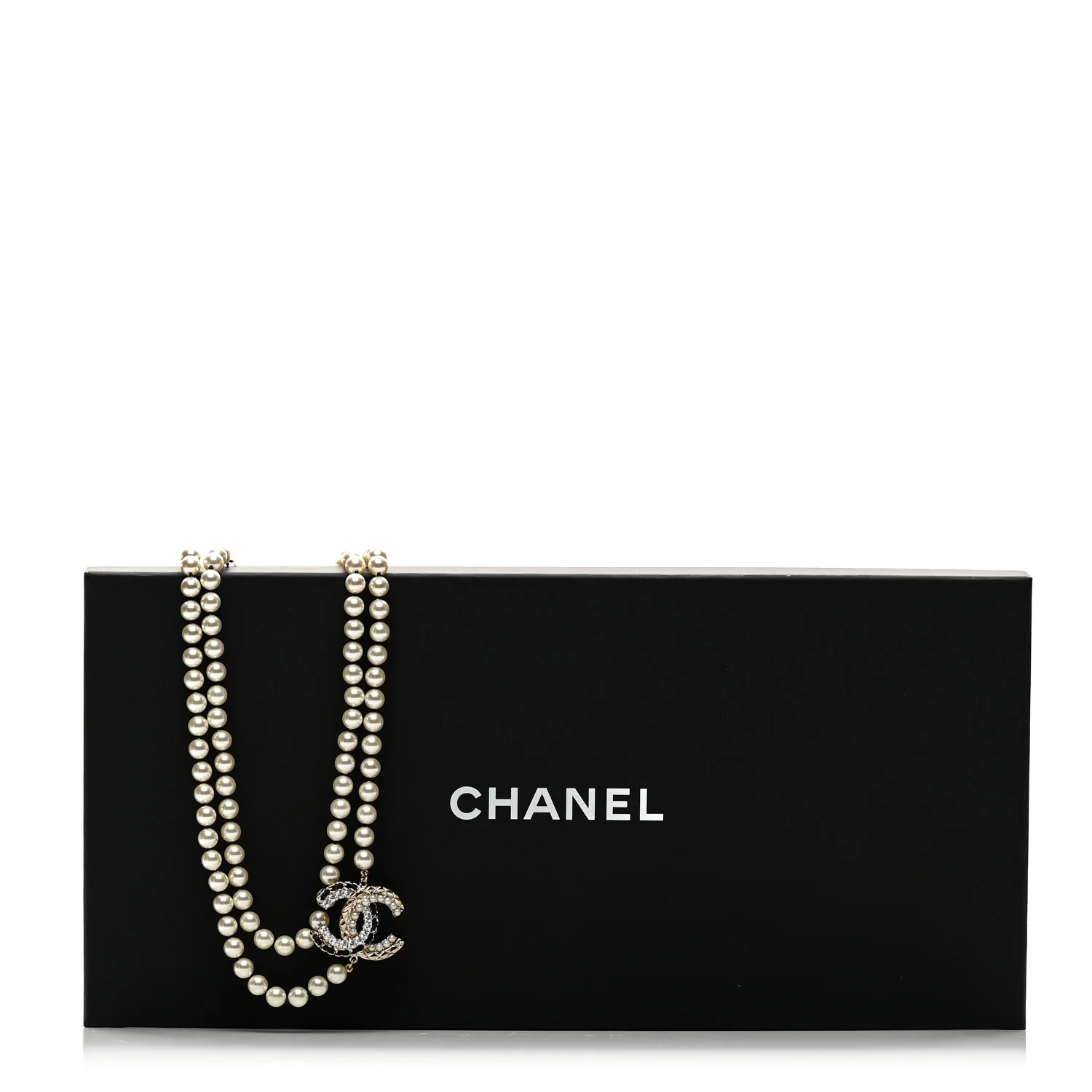 Pearl Crystal Lambskin CC Long Necklace Gold Black - Image 6