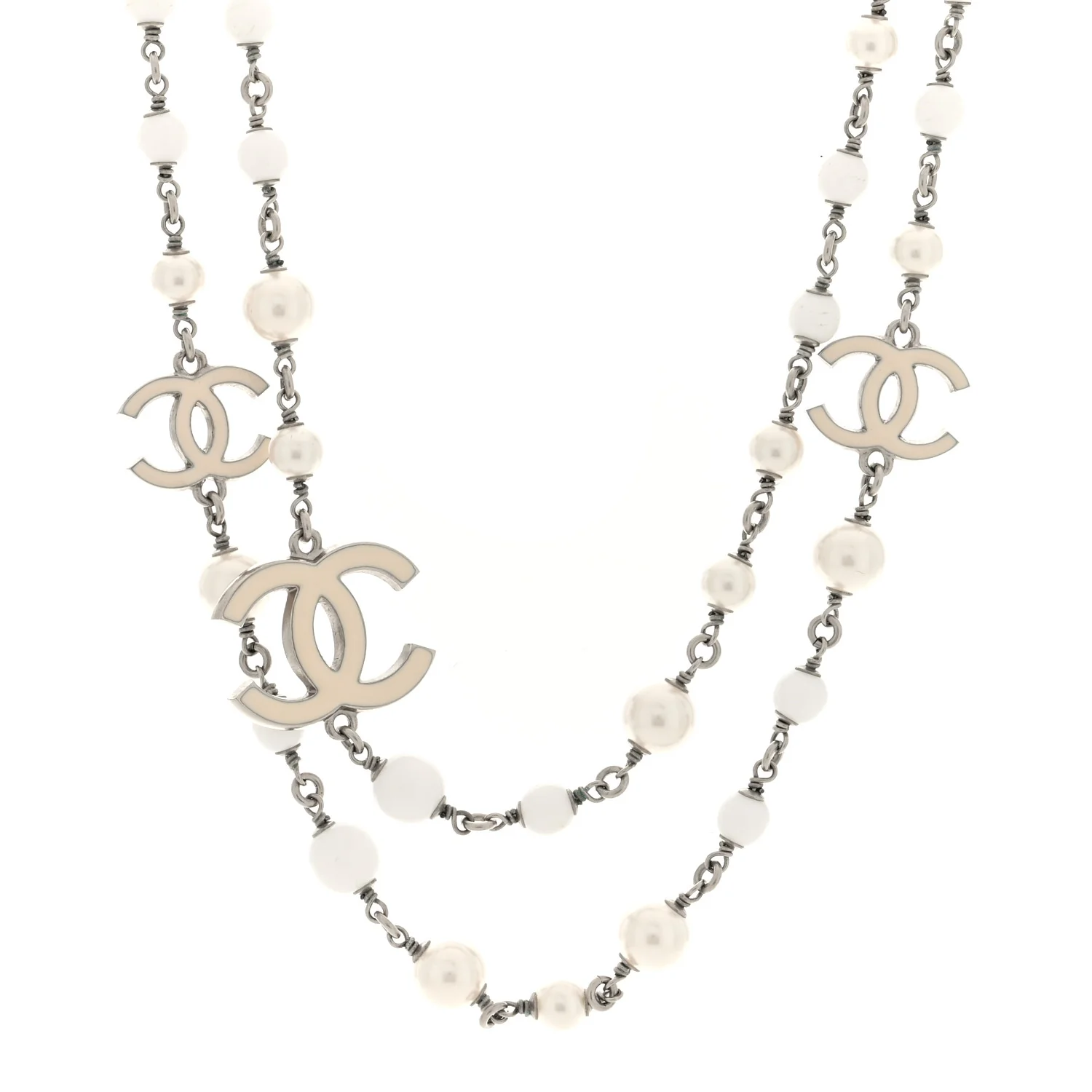 Pearl Enamel Bead CC Long Necklace Silver White