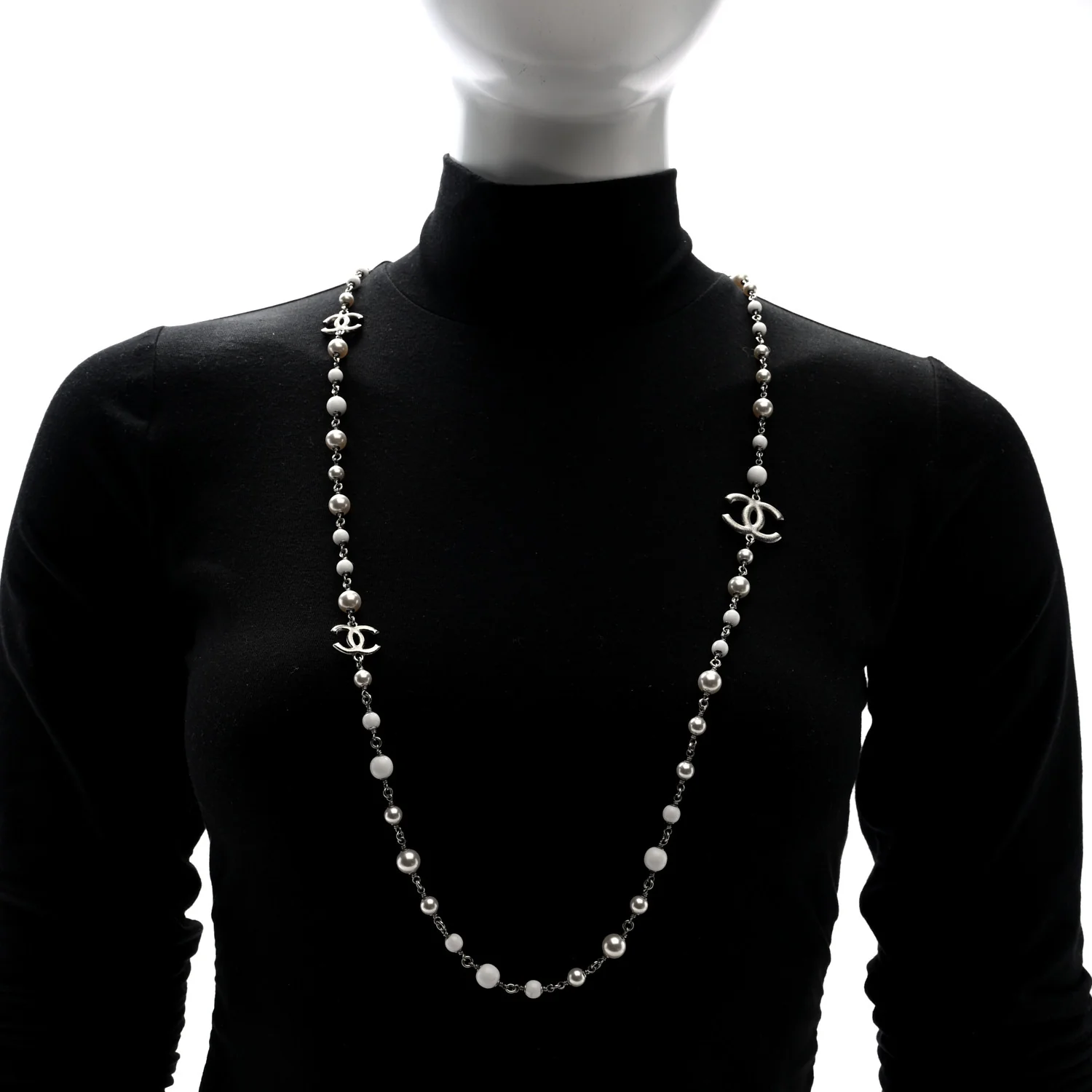 Pearl Enamel Bead CC Long Necklace Silver White - Image 2