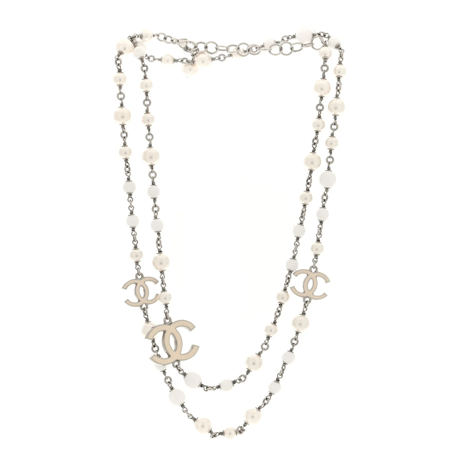 Pearl Enamel Bead CC Long Necklace Silver White - Image 3
