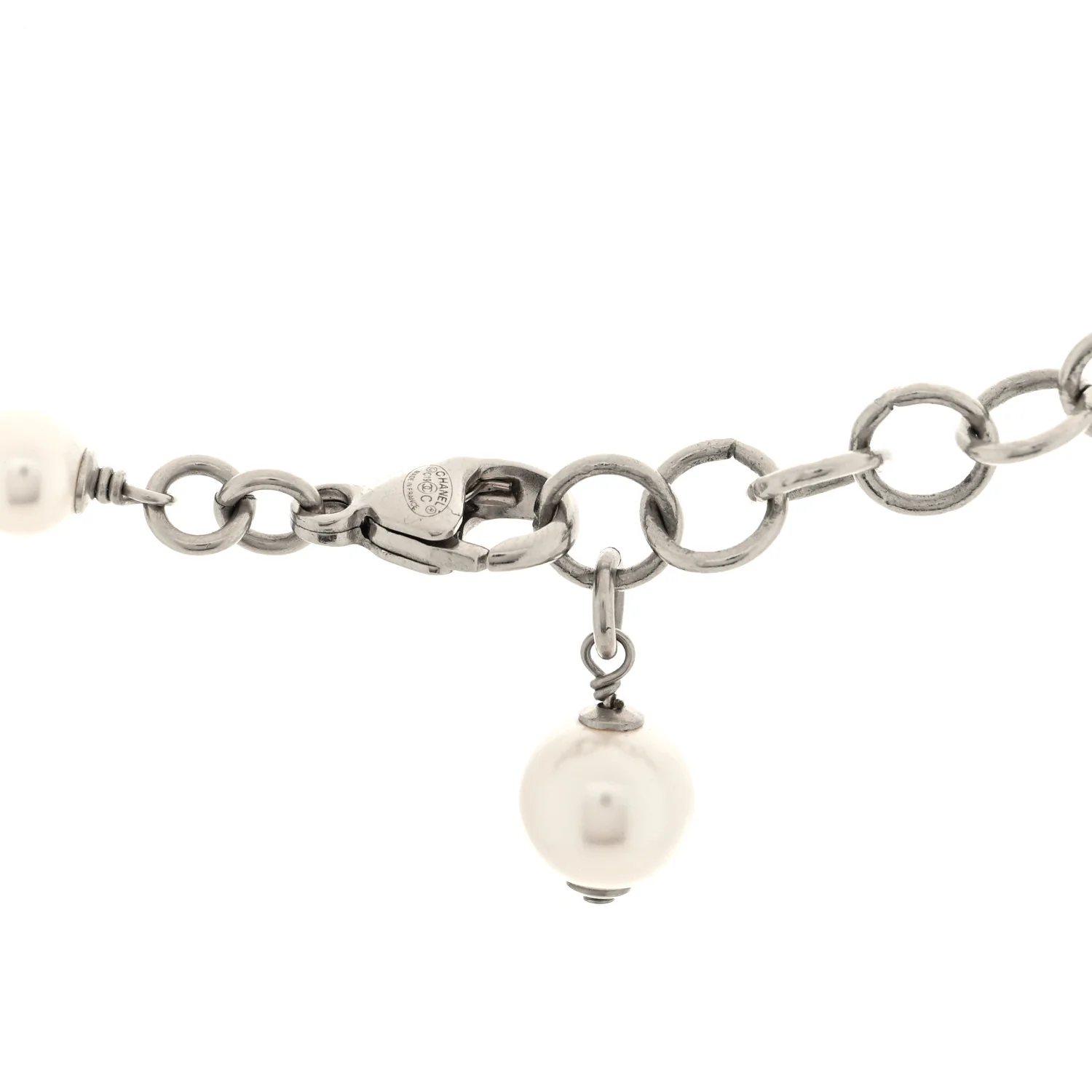 Pearl Enamel Bead CC Long Necklace Silver White - Image 4
