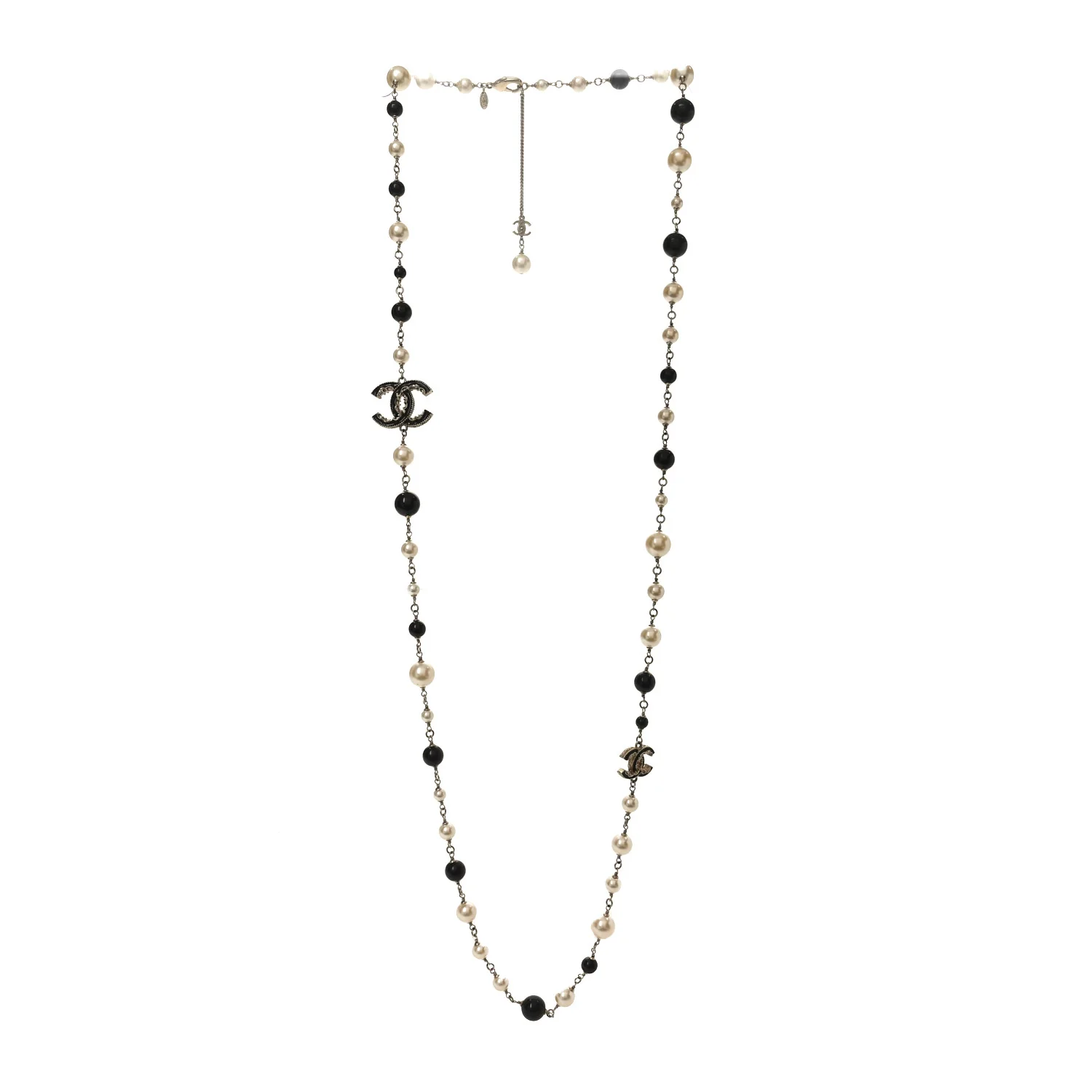 Pearl Enamel Beaded CC Baroque Long Necklace Black White Gold - Image 3