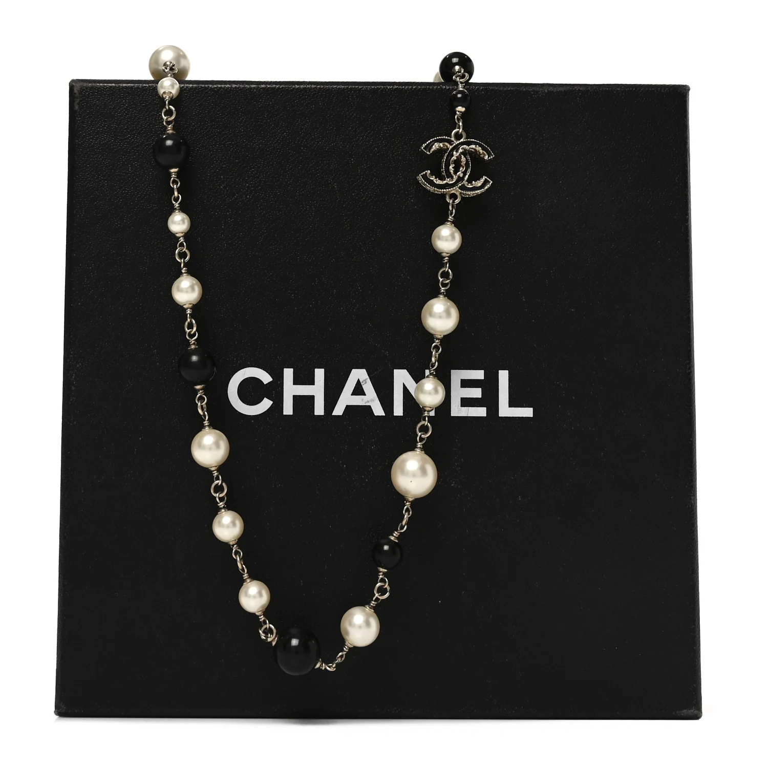 Pearl Enamel Beaded CC Baroque Long Necklace Black White Gold - Image 5