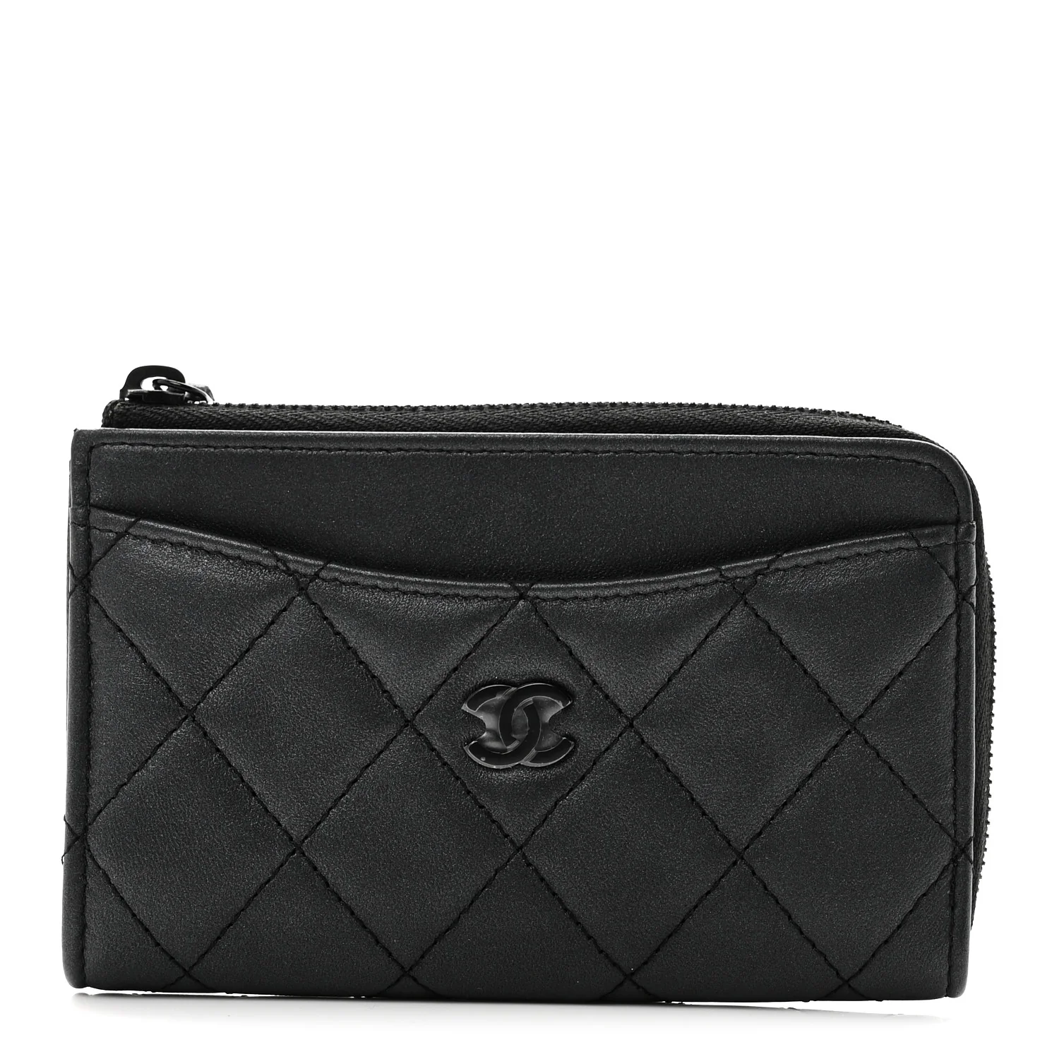 Pearly Lambskin Quilted Zip Card Holder So Black