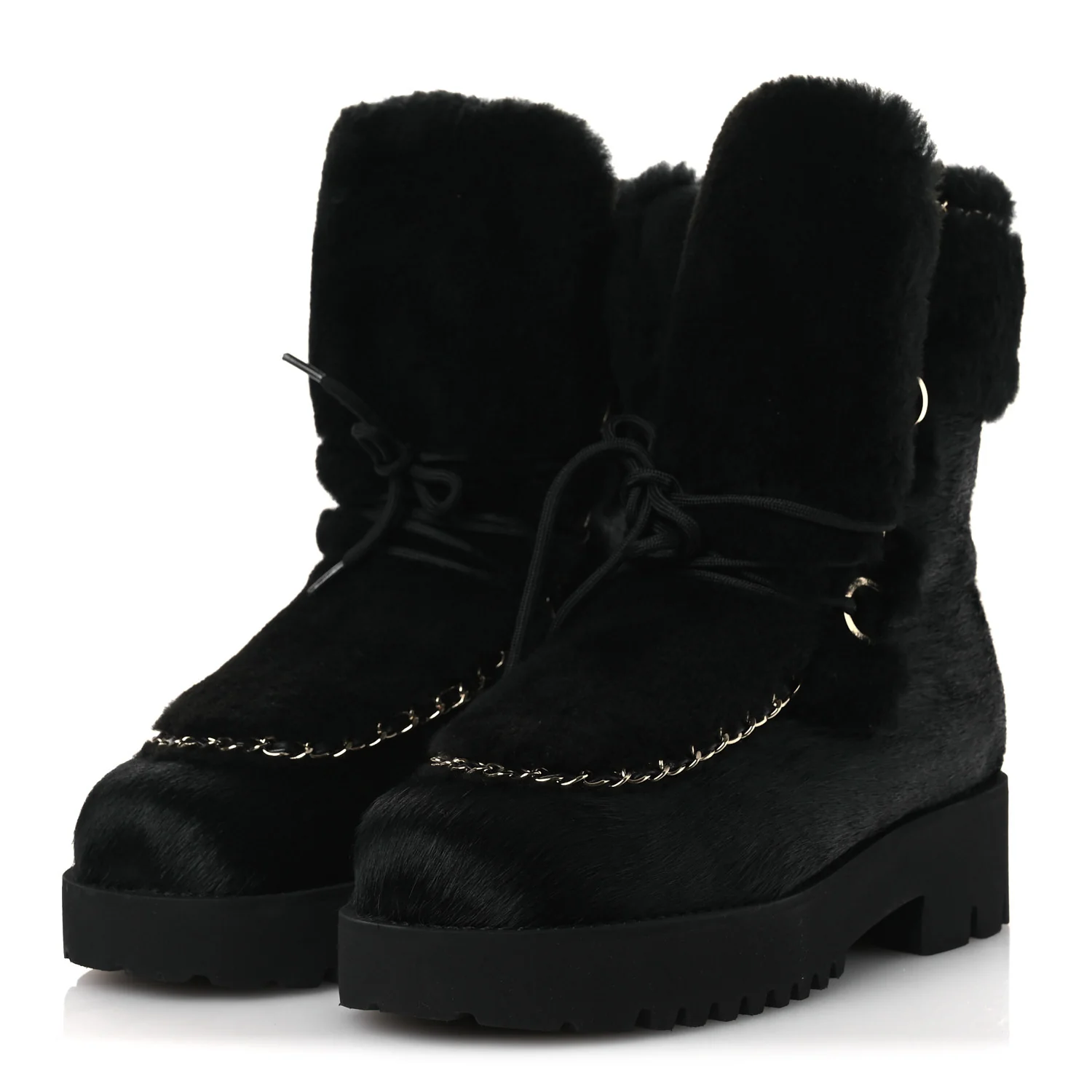 Pony Hair Shearling Chain Ankle Boots 40.5 Black - Image 4
