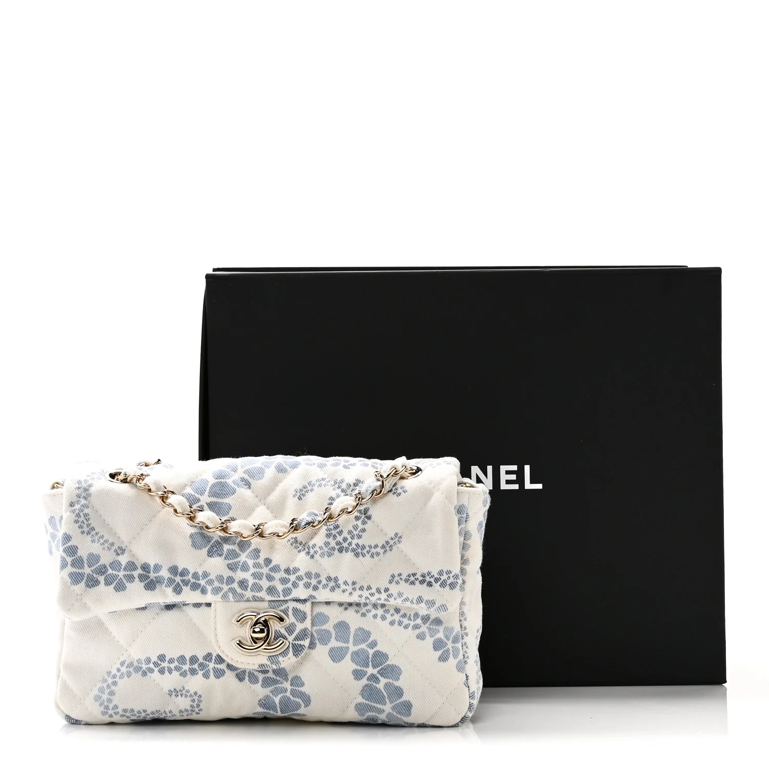 Printed Denim Coco Beach Quilted Small Single Flap Light Blue White - Image 11
