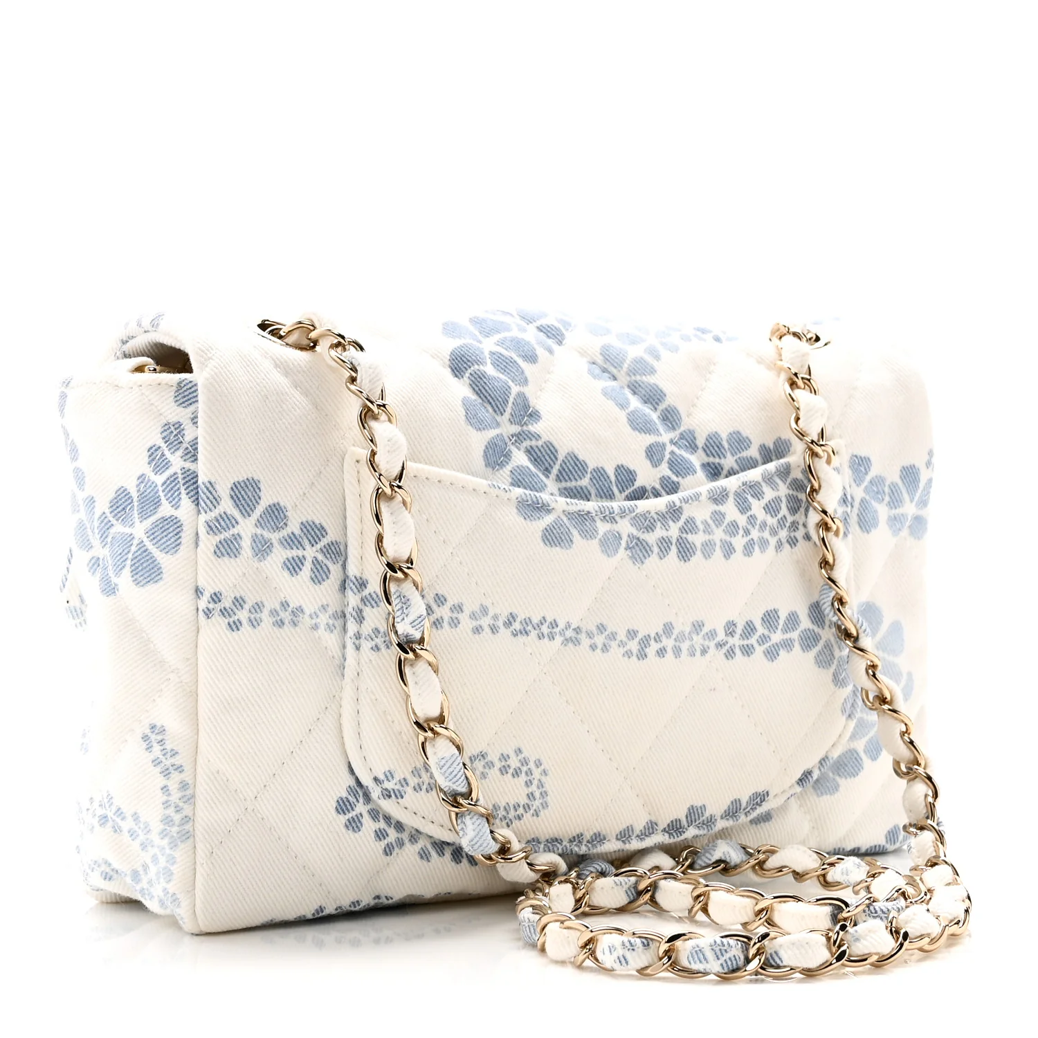 Printed Denim Coco Beach Quilted Small Single Flap Light Blue White - Image 3