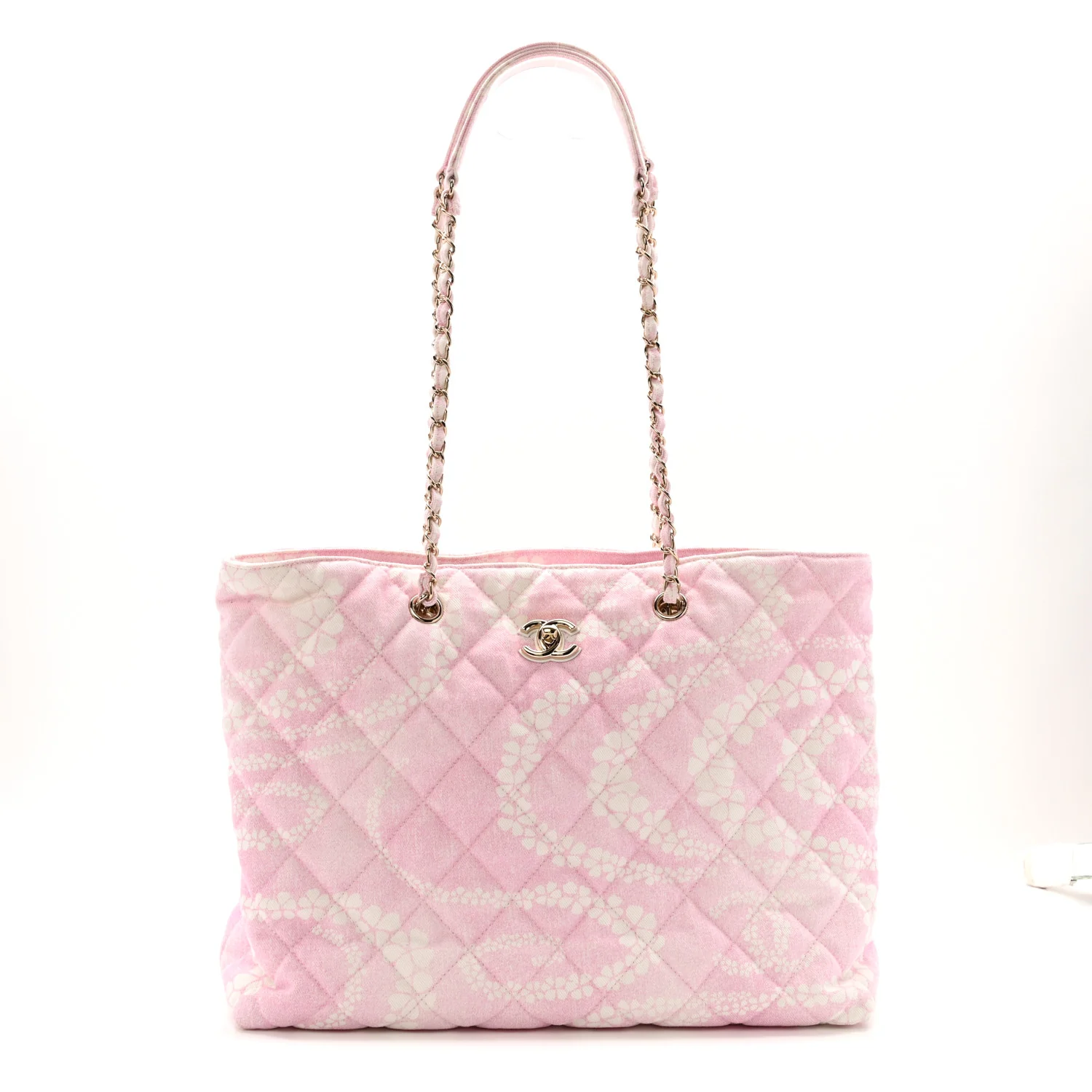 Printed Denim Quilted Coco Beach Shopping Tote Pink White