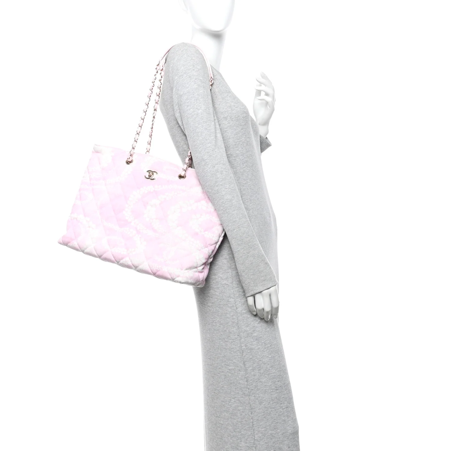 Printed Denim Quilted Coco Beach Shopping Tote Pink White - Image 2