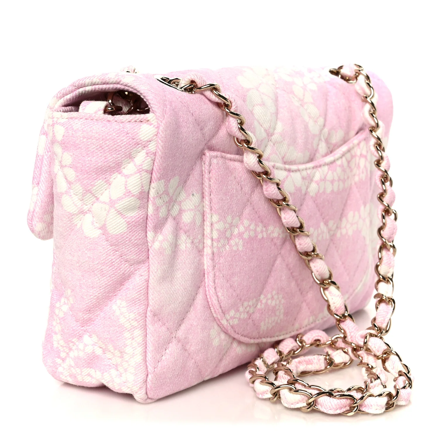 Printed Denim Quilted Flap Bag Pink White - Image 3