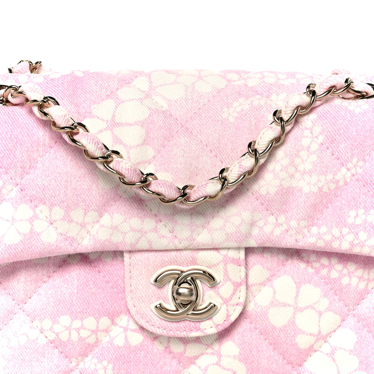 Printed Denim Quilted Flap Bag Pink White - Image 9