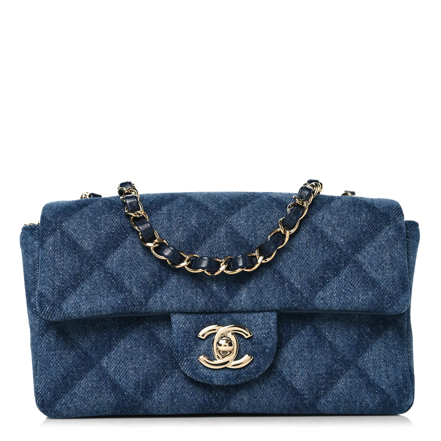 Printed Denim Quilted Mini Rectangular Flap Dark Blue