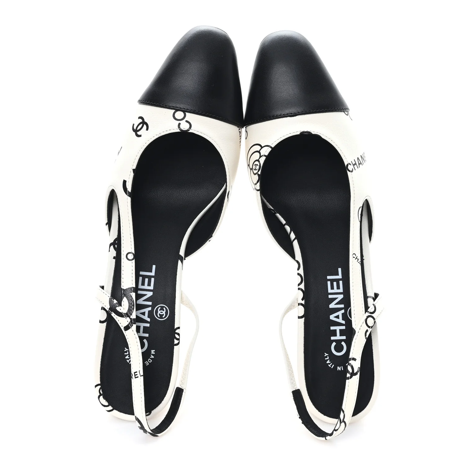 Printed Lambskin Cap Toe CC Slingback Pumps 38 Black White - Image 2