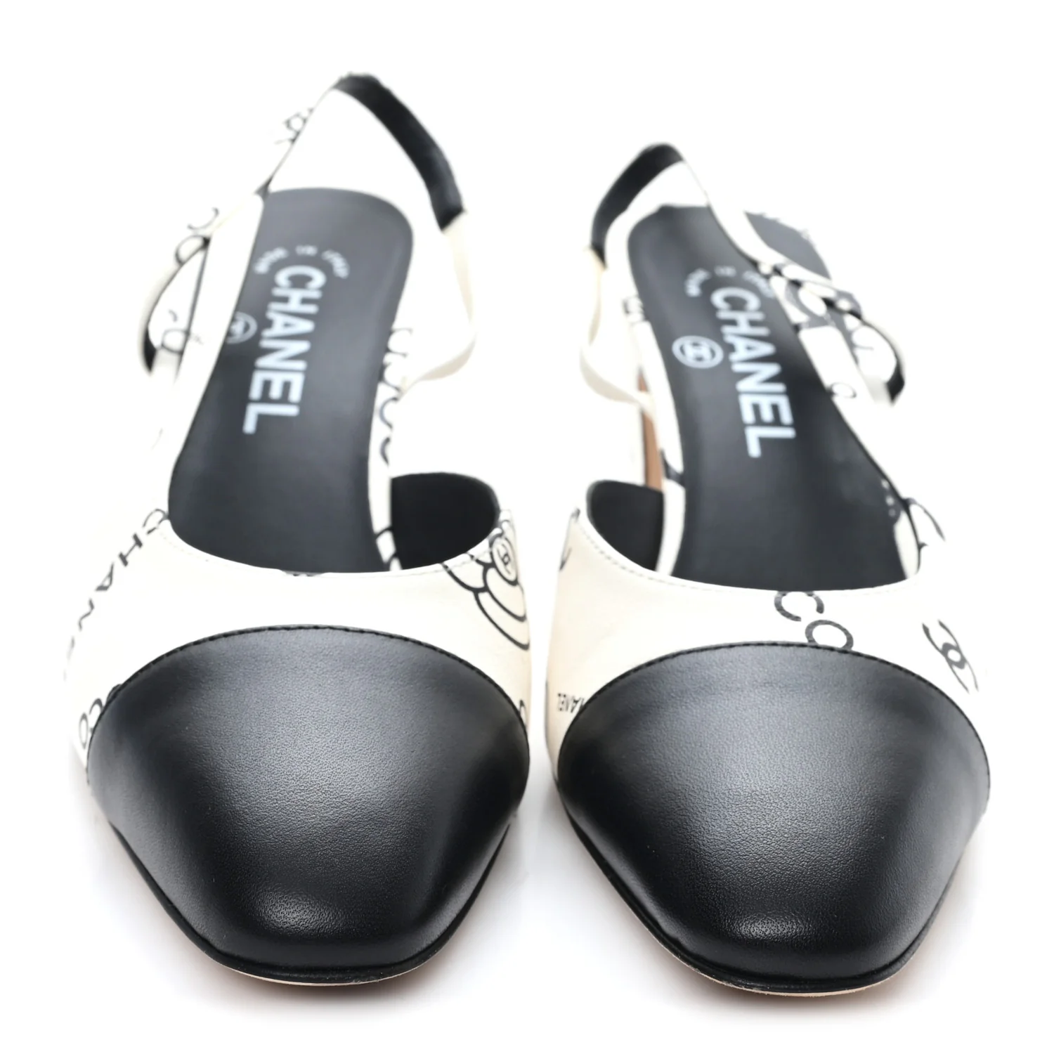 Printed Lambskin Cap Toe CC Slingback Pumps 38 Black White - Image 3
