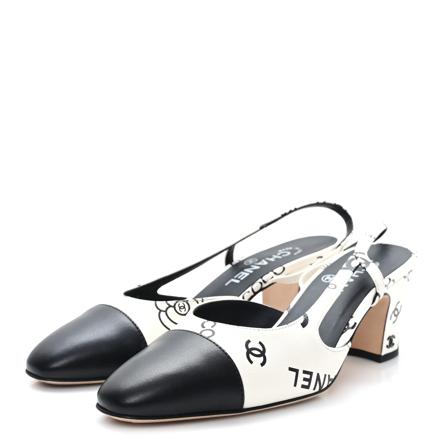 Printed Lambskin Cap Toe CC Slingback Pumps 38 Black White - Image 4