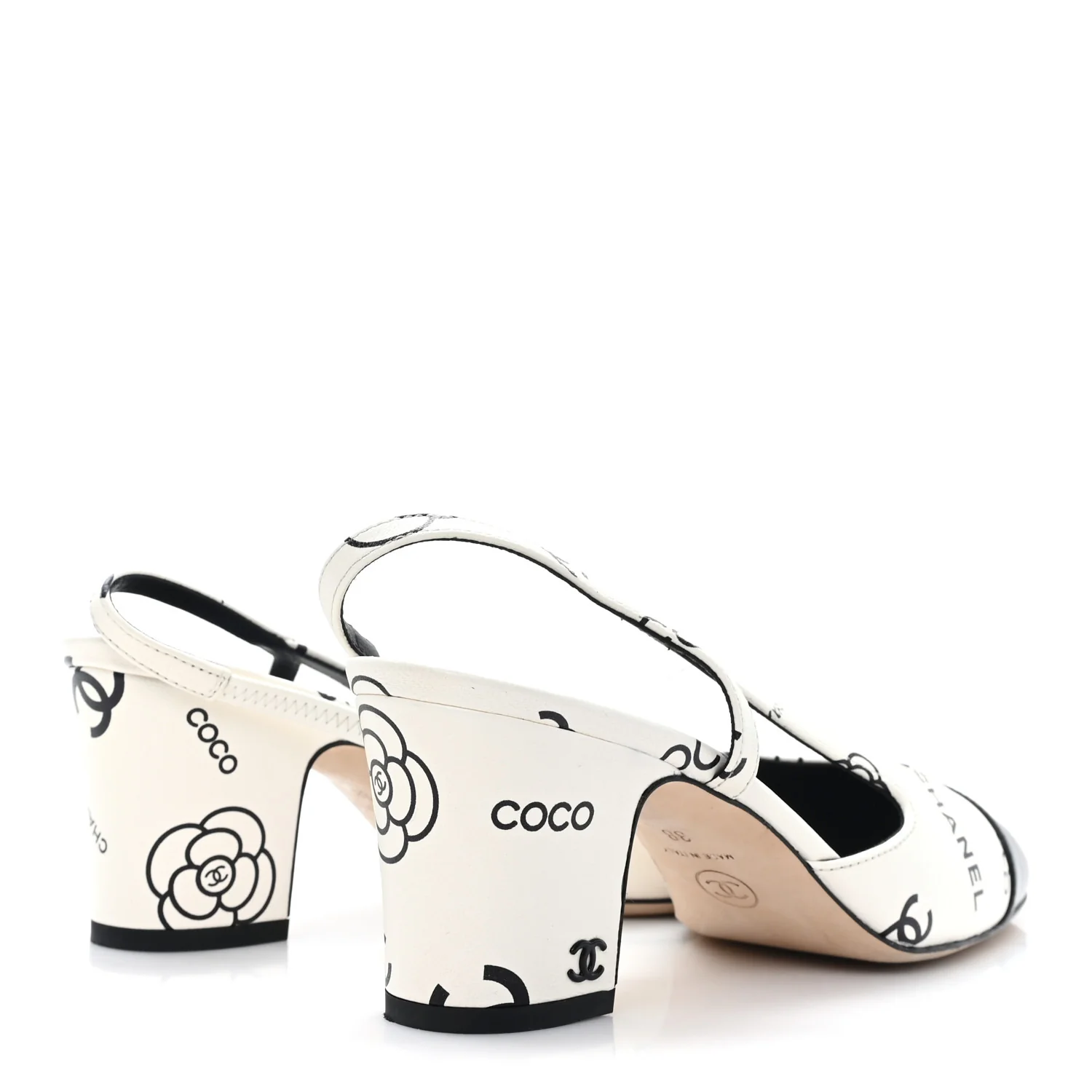 Printed Lambskin Cap Toe CC Slingback Pumps 38 Black White - Image 5