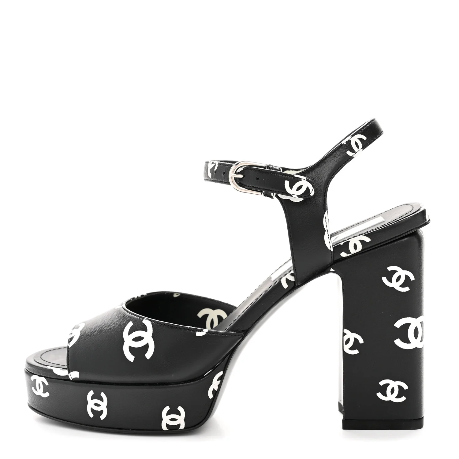 Printed Lambskin CC Platform Sandals 37 Black White