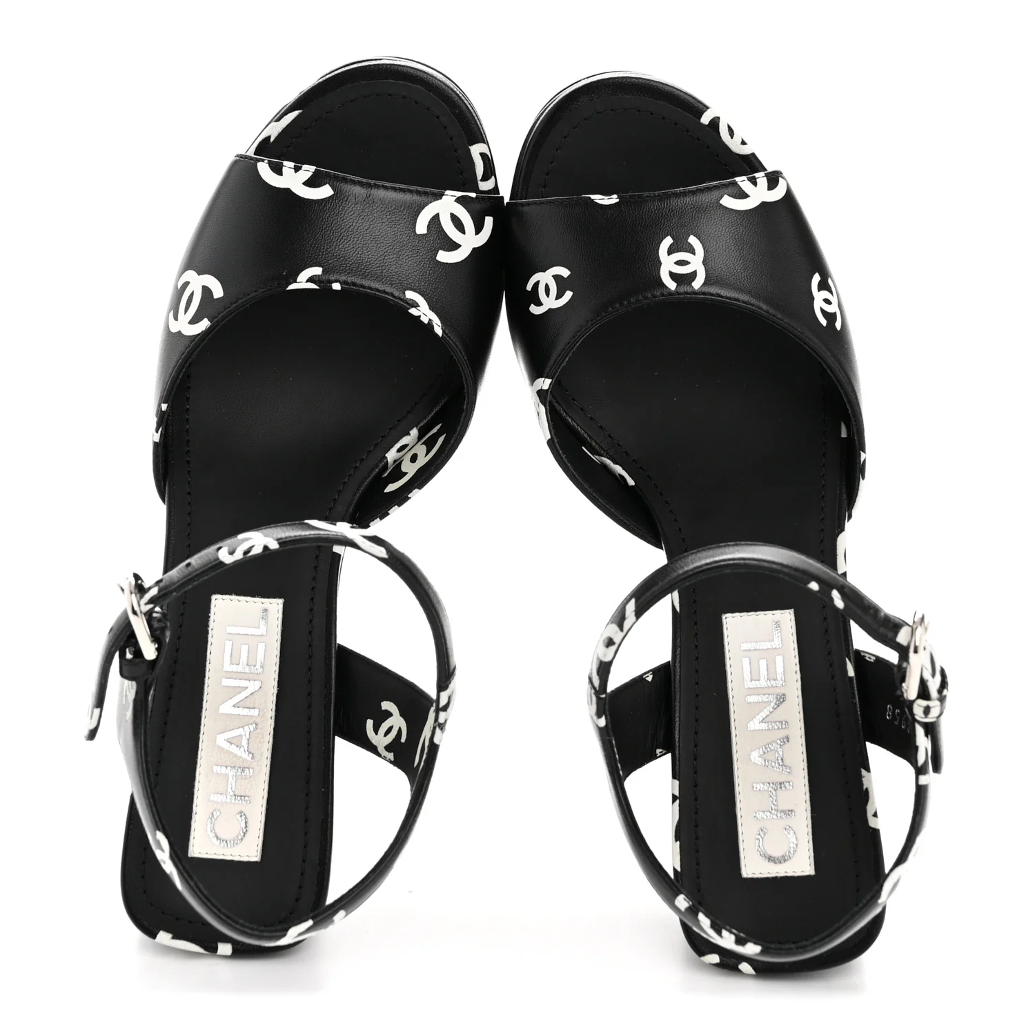 Printed Lambskin CC Platform Sandals 37 Black White - Image 2