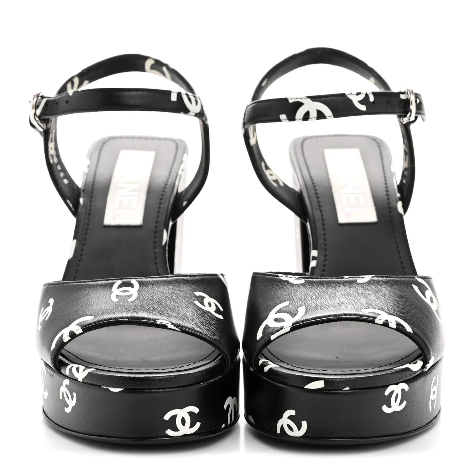 Printed Lambskin CC Platform Sandals 37 Black White - Image 3